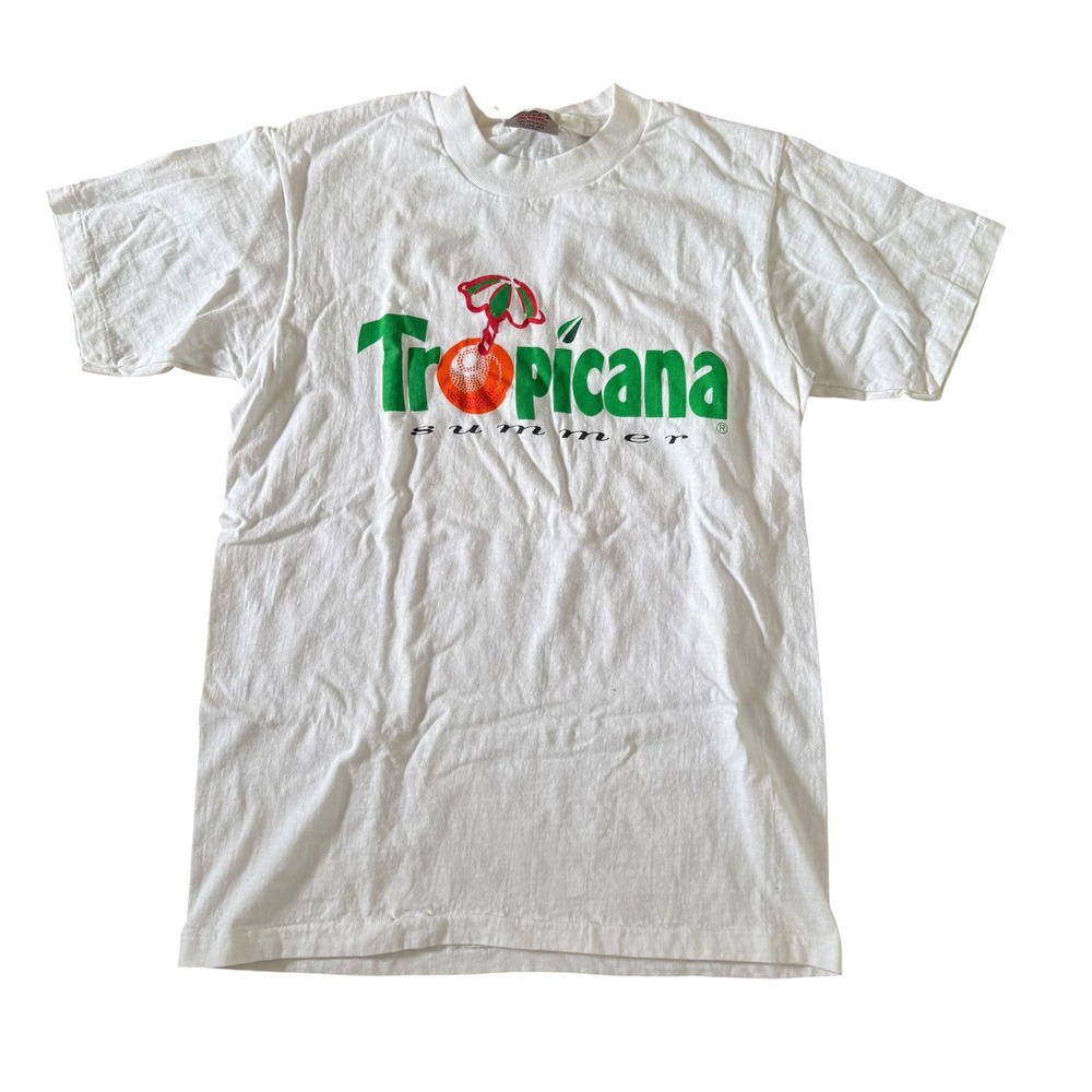Oneita Tropicana Summer T-Shirt Mens M White Vintage 90s Beverage Promo Tee